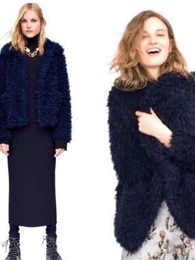 Zara Fuzzy Fur Bear Jacket in Navy Blue